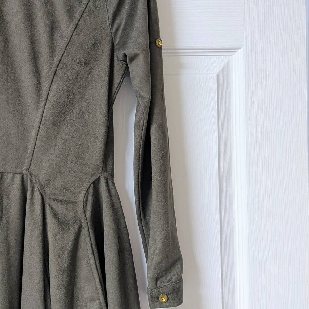 Women's Olive Green Button-Front Flared Suede Shirt Dress - Picture 7 of 14